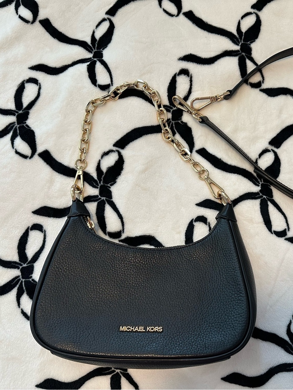 Michael Kors Black Pebbled Leather Shoulder Bag with Gold Hardware